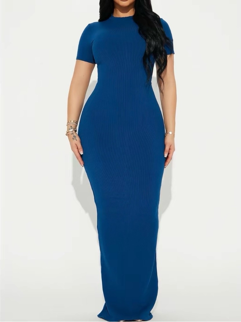 Fashion Nova Navy Blue Short-Sleeve Ribbed Maxi Dress